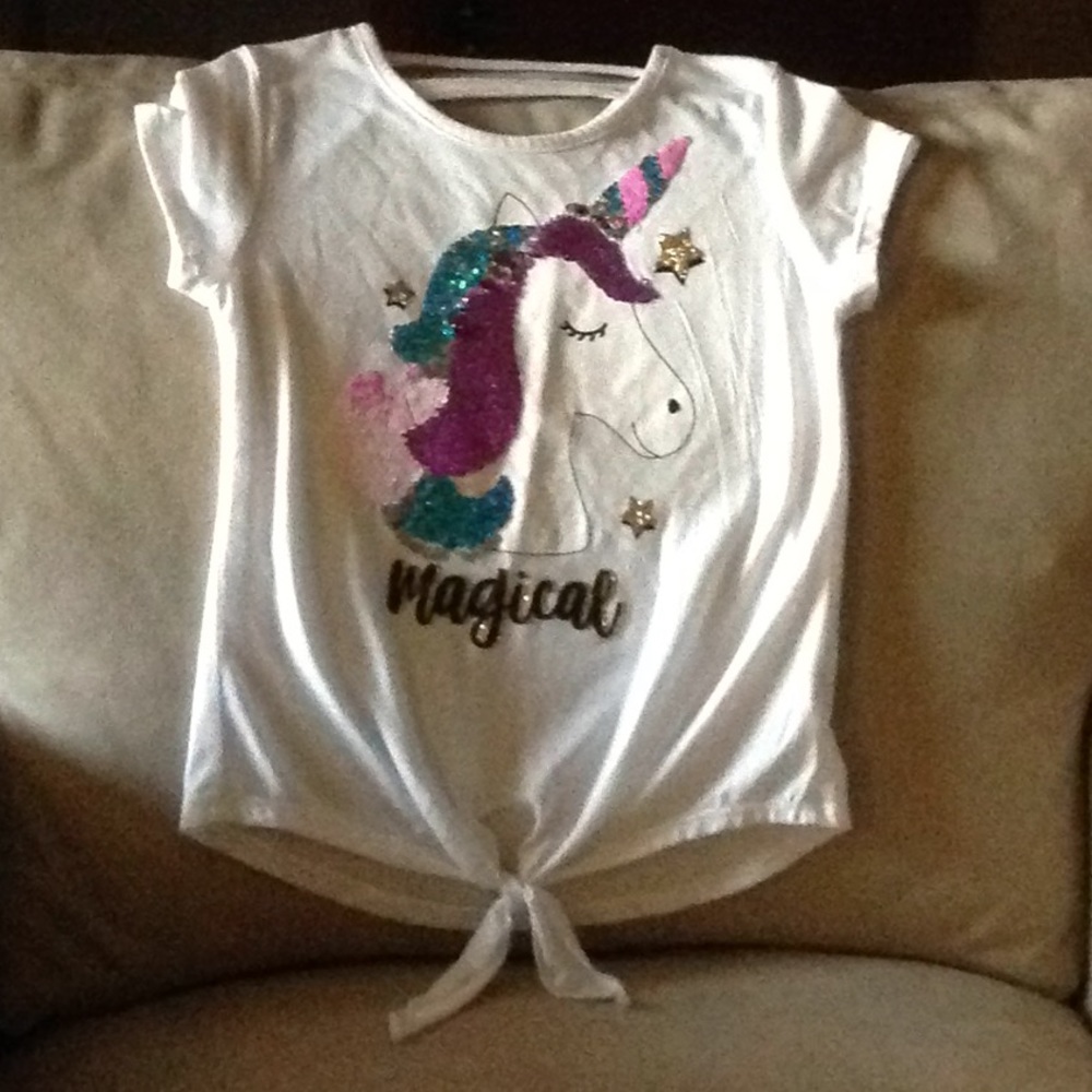 Girls short sleeve flip sequin unicorn shirt
